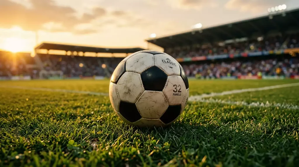 Ballon de football posé sur la pelouse rase d'un stade éclairé par la lumière dorée du soir