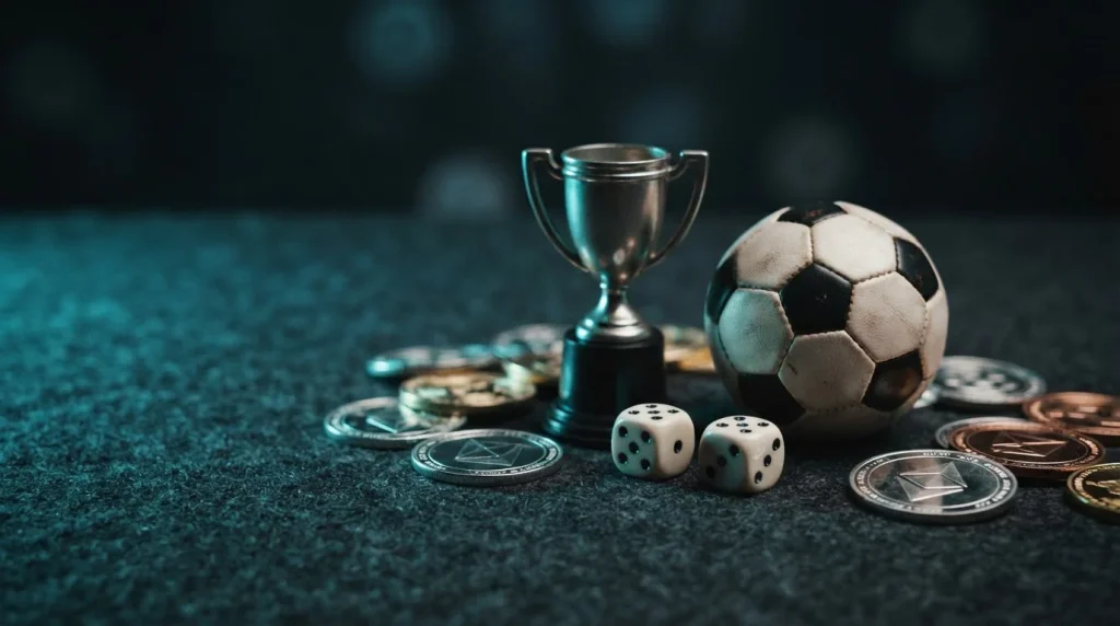 Composition crypto réunissant pièces, dés, trophée et ballon de football