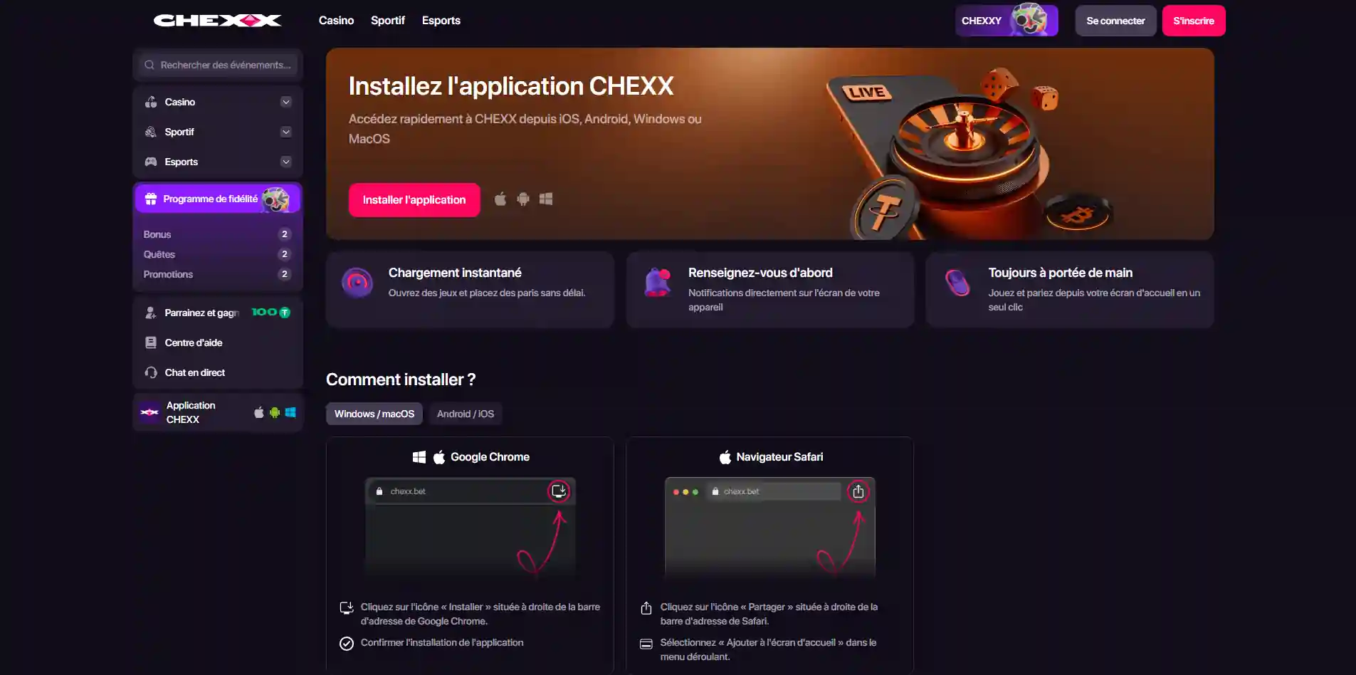 Page CHEXX proposant l’installation PWA sur quatre plateformes