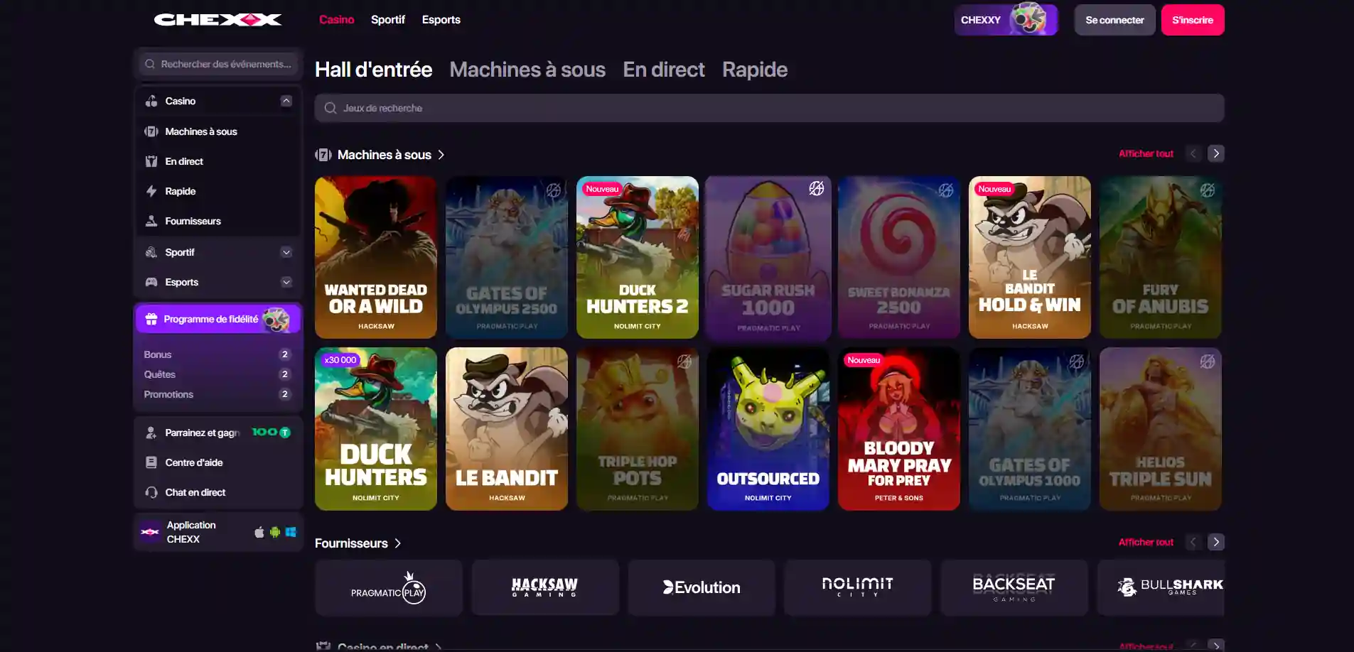 Espace de jeux CHEXX avec catégories, filtres et nombreuses vignettes