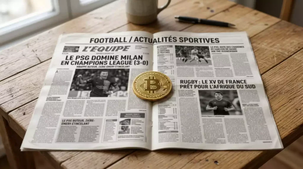 Journal sportif ouvert sur un bureau en bois avec une pièce bitcoin posée au centre des pages