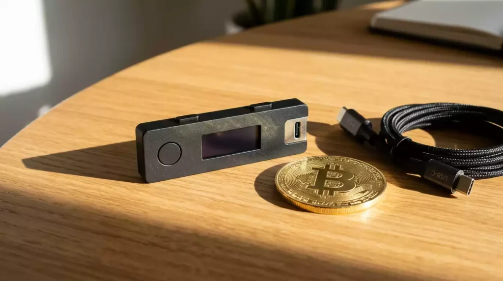 Petit boîtier de wallet matériel posé sur un bureau en bois à côté d'une pièce bitcoin physique