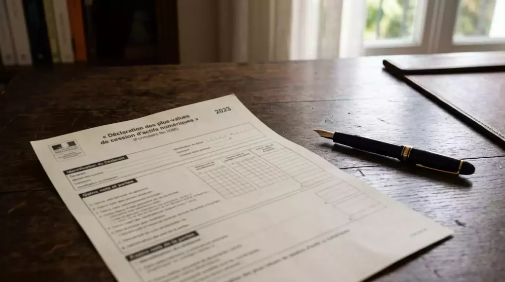 Stylo plume posé sur un formulaire fiscal français en papier éclairé par une lumière de fenêtre douce