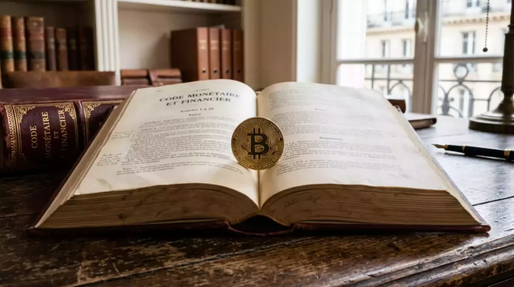 Code monétaire et financier ouvert sur un bureau en bois avec une pièce bitcoin posée sur la page