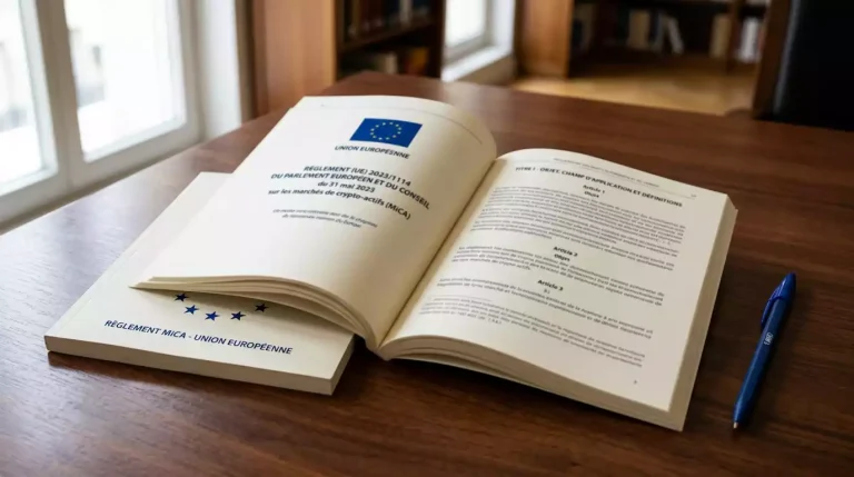 Représentation symbolique du règlement européen MiCA appliqué au pari sportif crypto