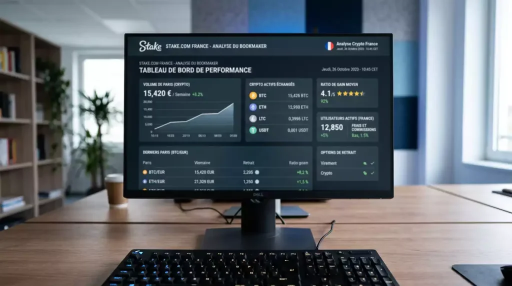 Tableau de bord chiffré symbolisant l'analyse du sportsbook crypto Stake.com pour le marché français